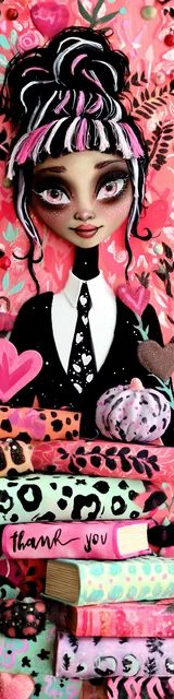 Free teacher bookmark featuring a pink-themed teacher sitting with books